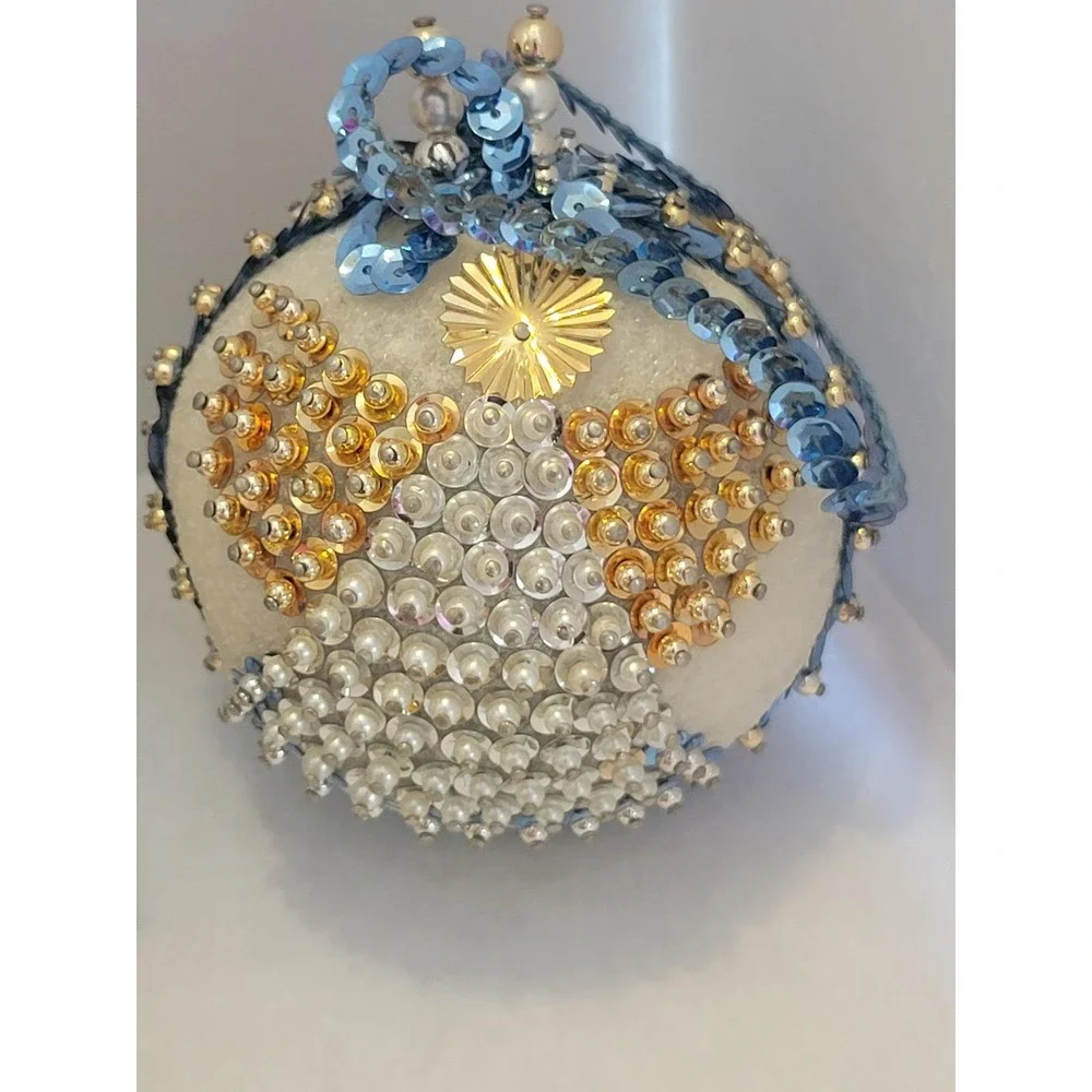 Vintage Beaded Christmas Ornaments Victorian Style Sequin Pearl Gold 5pc